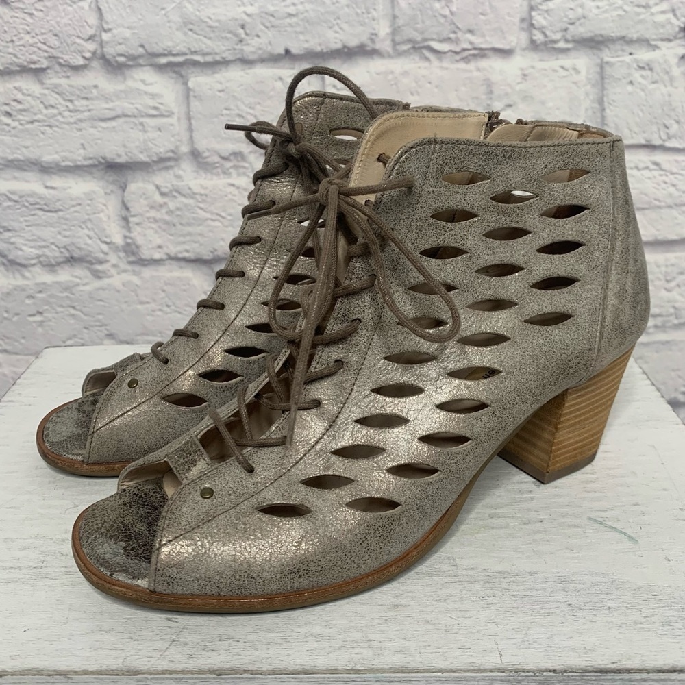 Paul Green Bali Lace Up Side Zip Laser Cut Metallic Leather Ankle Boots - Picture 6 of 16
